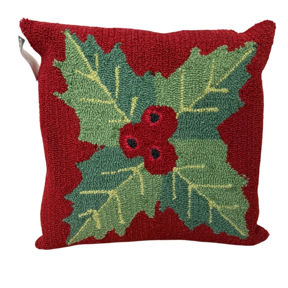 Surya Throw Pillow 18x18 Red Holly Berry Hand Hooked Christmas WIT005-1818P